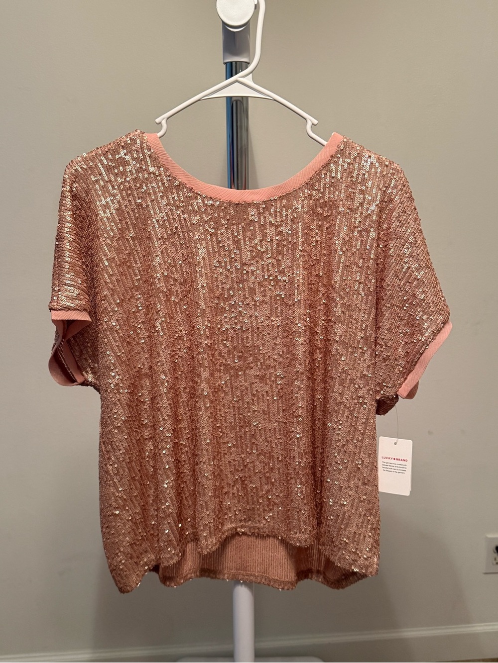 Lucky Brand Sequin Short Sleeve Top in Blush Pink